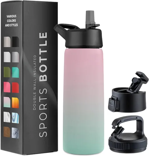 Botellas de agua de acero inoxidable con triple aislamiento con pajita, botellas de agua aisladas reutilizables de 25 Oz con 3 tapas, botella de