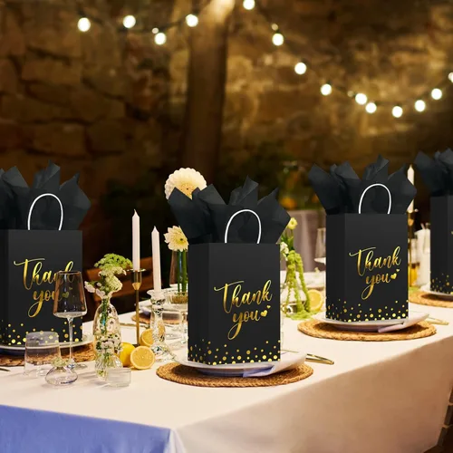 Miniatura 7 de Tinlade 12 bolsas de regalo de agradecimiento con papel de seda de lunares dorados, bolsas de agradecimiento con asa, recuerdos de fiesta para Negro