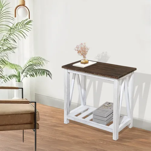 Miniatura 5 de Mesa auxiliar de granja, mesa auxiliar estrecha para sala de estar, mesas auxiliares delgadas con estante de almacenamiento, mesita de noche de 2