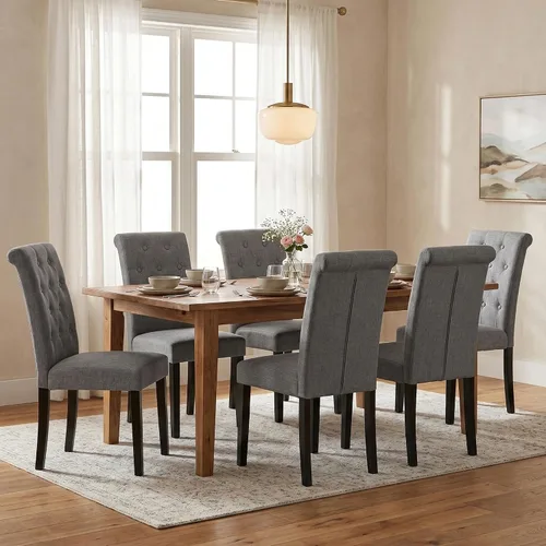 Miniatura 6 de Juego de 4 sillas de comedor tapizadas de tela y con detalles de botones incrustados