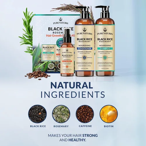 Miniatura 2 de PureNaturis Champú orgánico de agua de arroz negro con romero para el crecimiento del cabello, spray de agua de arroz, con agua de romero, biotina