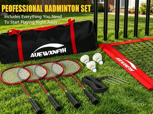 Miniatura 5 de Juego de bádminton para patio trasero: red portátil para exteriores con 4 raquetas de rendimiento, 3 volantes y línea de límite, juego completo