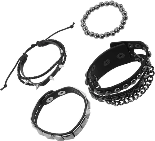 NOLITOY 4pcs Punk Multilayered Bracelet with Studded Rivets Adjustable Vintage Style Faux Leather Wristband for Street Fashion Daily Wear and Goth