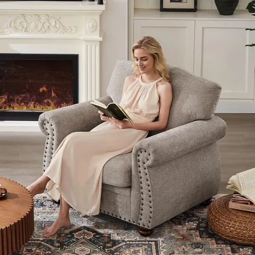 Miniatura 4 de ONBRILL Sillón con ribetes de tachuelas, silla decorativa con brazos curvos para sala de estar, cómoda silla de club de felpilla con cojines
