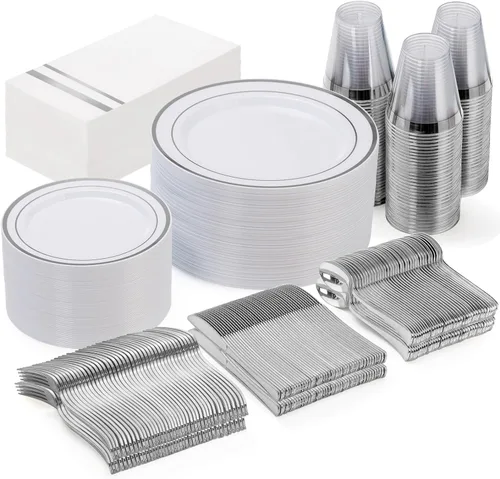 Miniatura 22 de GATHER 350 platos de plástico dorados. El juego de vajilla de plástico desechable blanco y dorado incluye 50 platos llanos, 50 platos de postre, 150