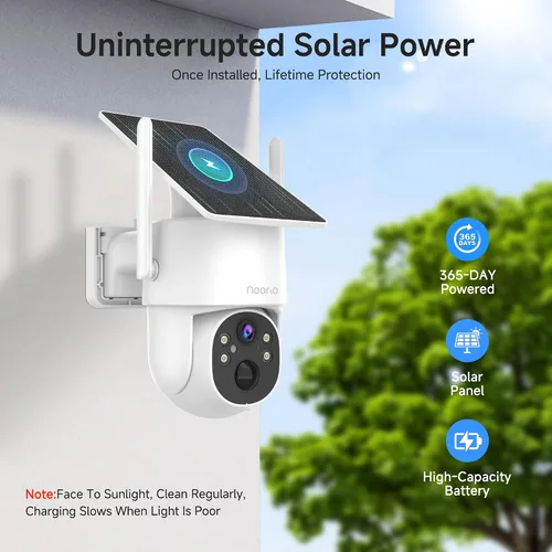 Miniatura 6 de Noorio Cámara de seguridad solar 2K inalámbrica para exteriores, inclinación panorámica de 360°, WiFi 6 de doble banda 2.4/5GHz, visión nocturna a