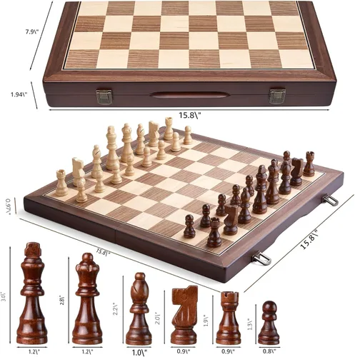 Miniatura 6 de AMEROUS - Juego de ajedrez magnético de madera de 15 pulgadas para adultos y niños - con tablero plegable, paquete de regalo, ranuras