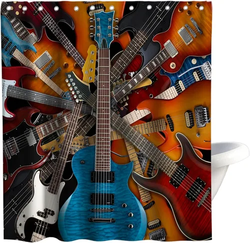 Miniatura 15 de Juego de cortinas de ducha musicales de tela con ojales y ganchos, 36 pulgadas de ancho x 72 pulgadas de alto, color marrón, blanco, azul