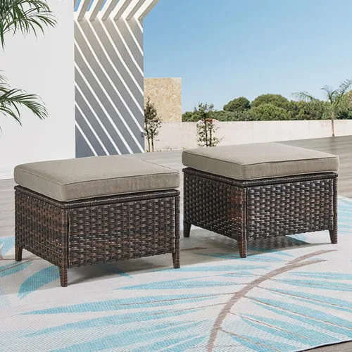 Miniatura 5 de Reposapiés otomanos para exteriores, 2 piezas, reposapiés otomano de mimbre de ratán con cómodos cojines para patio, porche, terraza, balcón, jardín