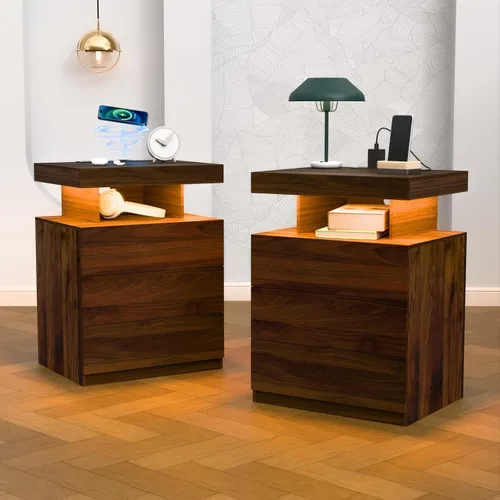 Miniatura 12 de HOMMPA - Mesita de noche LED con estación de carga inalámbrica y puertos USB, mesa de noche moderna, mesita de noche de 3 cajones con compartimento