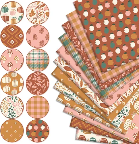 Miniatura 3 de Whaline Paquete de 12 piezas de tela de algodón de otoño boho de 10 x 10 pulgadas, tela cuadrada de hongos y calabaza, telas de costura bohemias