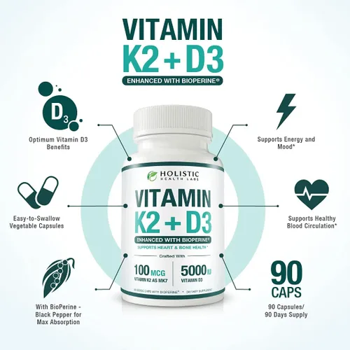 Miniatura 2 de Vitamina K2 + D3 de absorción máxima (5000UI), 90 cápsulas vegetales de MK-7 (Menaquinona-7) y colecalciferol (con BioPerina) Suministro de 3 meses