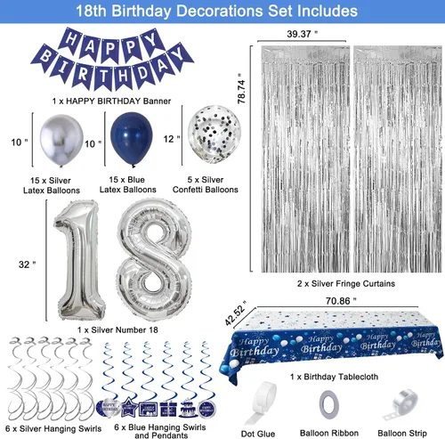 Miniatura 2 de Decoraciones de cumpleaños número 15 para niños y niñas azul plateado, pancarta de decoraciones de feliz cumpleaños número 15, globos de cumpleaños