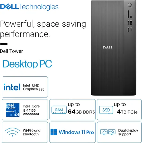 Miniatura 2 de Dell ECT1250 - Computadora de escritorio torre para multitarea definitiva en el hogar y la oficina, CPU Intel de 4 núcleos de 14ª