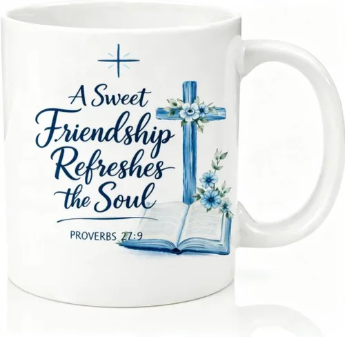 Regalos cristianos para mujeres, taza con texto en inglés "A Sweet Friendship Refleshes the Soul PROVERBS 27:9", regalos cristianos para el día de