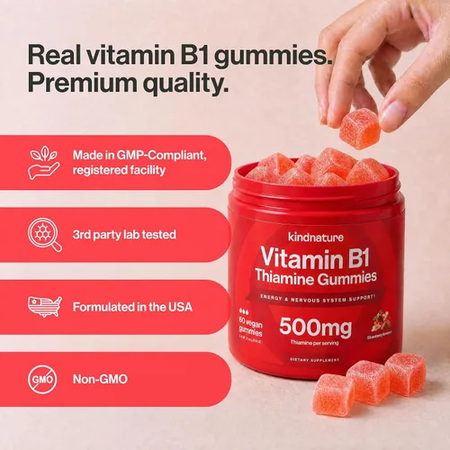Miniatura 7 de kindnature Gomitas de vitamina B1 de 500 mg – Suplemento de tiamina de alta potencia para energía, enfoque y sistema nervioso – Vitaminas B1 veganas