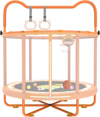 Gardenature Trampolín para Niños de 60" Interior, Mini Trampolín para Niños Pequeños de 5 pies con Aro de Baloncesto, Barra de Gimnasia, Anillos,