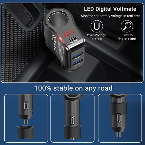 Miniatura 4 de Adaptador de cargador de coche PD USB C de 200 W: divisor de enchufe de encendedor de cigarrillos de 12 V Enchufe de CC de 12 voltios Toma