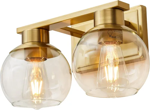PAZALA 2 luces de tocador, lámpara de pared de baño de latón cepillado con pantalla de vidrio esmerilado, lámpara de baño sobre espejo para