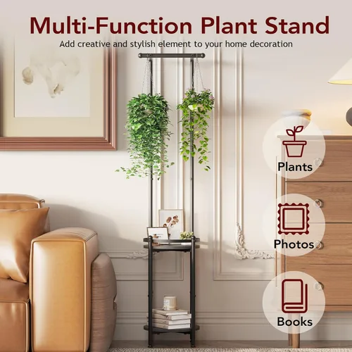 Miniatura 4 de Homsorout Soporte para plantas para interiores y exteriores, soporte de metal resistente de 2 niveles para plantas colgantes de hierro que ahorra