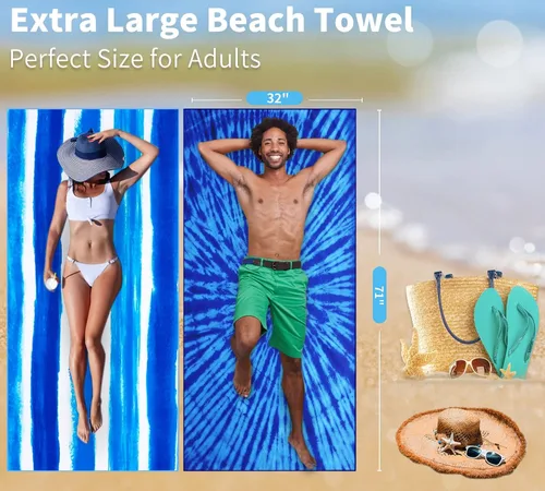 Miniatura 45 de Paquete de 2 toallas de playa ligeras y delgadas de gran tamaño de 71 x 32 pulgadas, toallas grandes de microfibra extra grandes sin arena