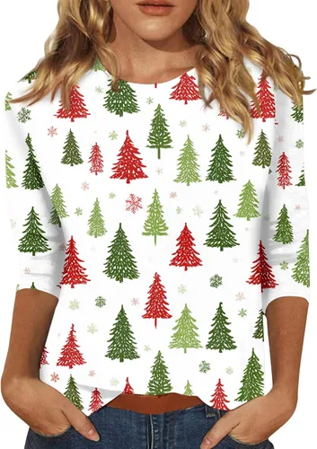 Miniatura 61 de Camisetas de manga 3/4 para mujer, cuello redondo, holgadas, casuales, con estampado floral, camisetas de moda para el trabajo de negocios