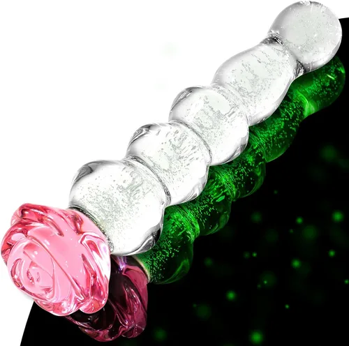 Consolador anal de cristal con cuentas – Enchufe anal con cuentas con base de rosa – Consolador de 8 pulgadas que brilla en la oscuridad juguete