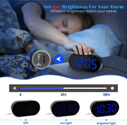 Miniatura 3 de Plumeet [Versión actualizada] Reloj despertador LED digital con atenuador de brillo ajustable y volumen de alarma, pantalla de dígitos azules de 12