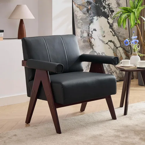 STHOUYN Sillas decorativas de cuero negro, silla moderna de mediados de siglo, sillas con brazos laterales para sala de estar, sillas de oficina