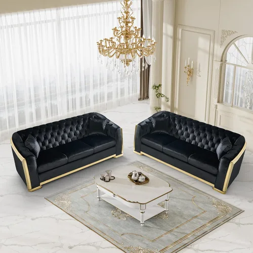 Miniatura 19 de DAMAIFROM Sofá Chesterfield moderno de mediados de siglo, sofá de terciopelo de 62"+84" pulgadas, sofá de terciopelo negro y dorado, sofá curvo