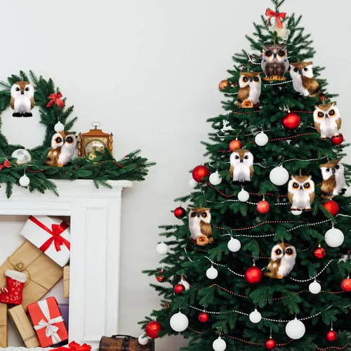 Miniatura 7 de Sratte Adorno navideño de búho peludo, lindo adorno de animal colgante para árbol de Navidad, fiesta de carnaval (marrón, 12 piezas)