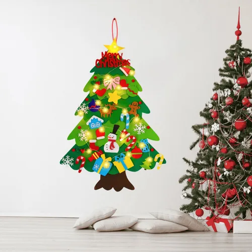 Miniatura 8 de EMPOF Árbol de Navidad de fieltro para niños pequeños - Juego de árbol de fieltro de bricolaje de 1 m con luces de copos de nieve + 32 adornos, Luz