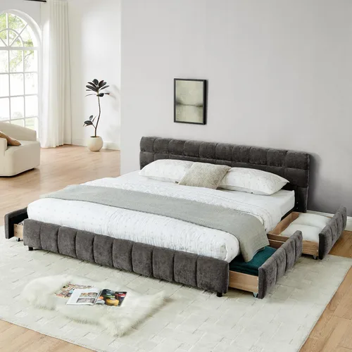 Miniatura 27 de Base de cama tapizada tamaño California King con tela de felpilla gruesa, cama de plataforma con cabecero copetudo, marco de madera maciza, diseño