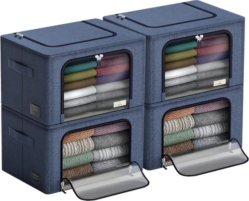 Miniatura 17 de Contenedores de almacenamiento con marco de metal, bolsas organizadoras de ropa apilables y plegables, contenedores de almacenamiento de tela Oxford