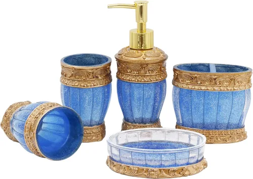 Accesorios de baño azules vintage, juego de accesorios de baño de 5 piezas, características del juego de baño, dispensador de jabón, soporte para