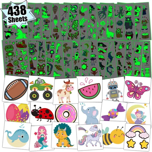 partywind 408 hojas de tatuajes individuales para niños + 30 hojas de estilos mixtos brillantes tatuajes temporales para niños y niñas, rellenos de