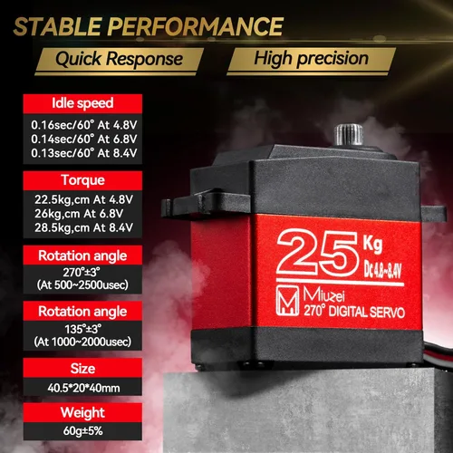 Miniatura 2 de Servo RC de 25KG de alto par, Miuzei Servo Motor impermeable compatible con coche RC 1/8, 1/10, dirección de engranaje metálico completo con asta