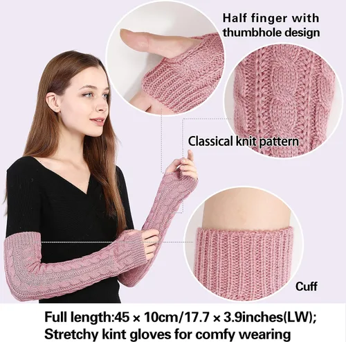 Miniatura 11 de Bellady Guantes de invierno para mujer, cálidos sobre el codo, guantes largos sin dedos con agujero para el pulgar, guantes de punto para calentar