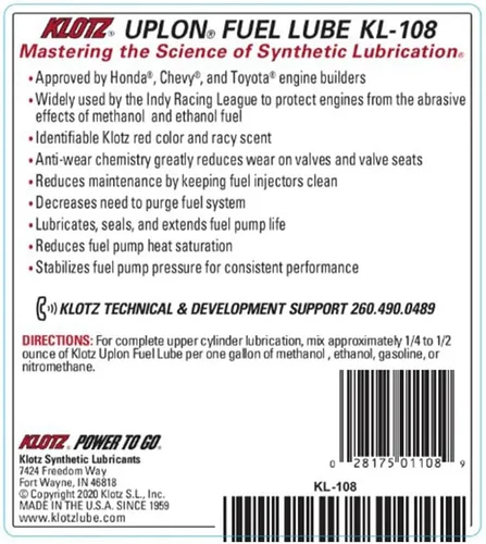 Miniatura 4 de Klotz UpLon Upper Cylinder - Tratamiento de lubricante de combustible de alcohol y gas TechniPlate Lubricante sintético para motores de 4 tiempos