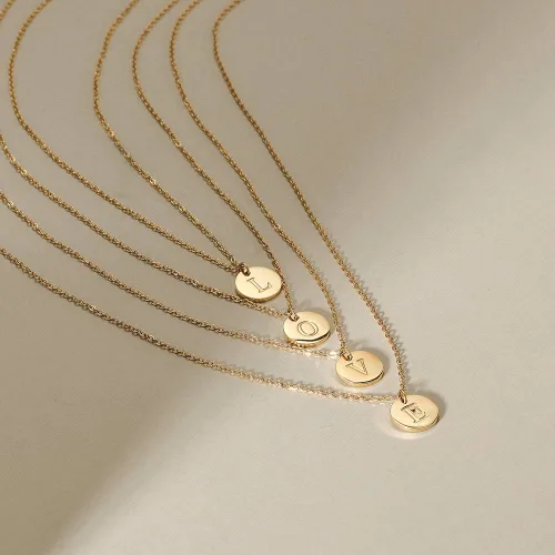 Miniatura 6 de Collar con inicial, chapado en oro de 14 quilates, disco redondo de doble cara, grabado con nombre con cadena ajustable y aretes