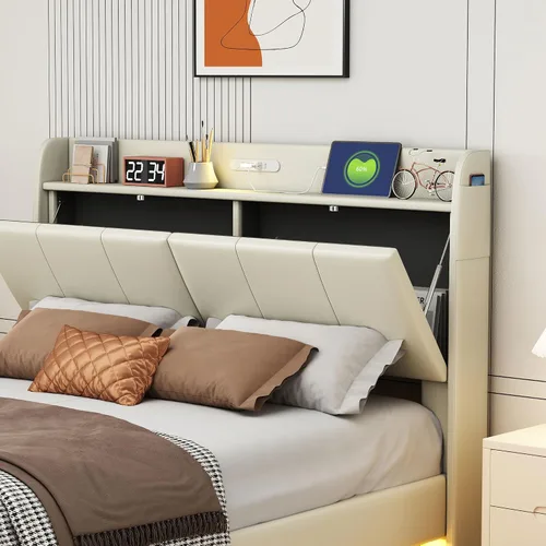 Miniatura 3 de Base de cama flotante de tamaño Queen, con luces LED de ambiente y carga USB, base de cama LED moderna tapizada de poliuretano con plataforma LED
