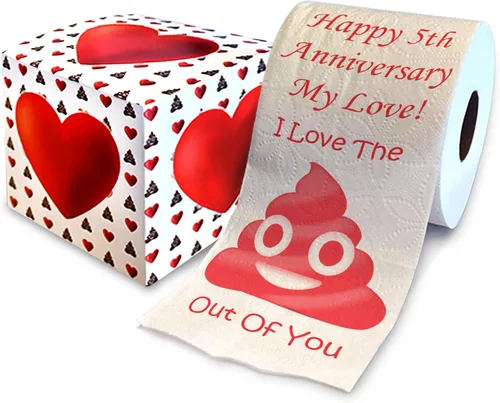 Impreso TP Happy 5th Anniversary My Love papel higiénico regalo – Divertido regalo de quinto aniversario para marido, esposa, novio, novia, broma