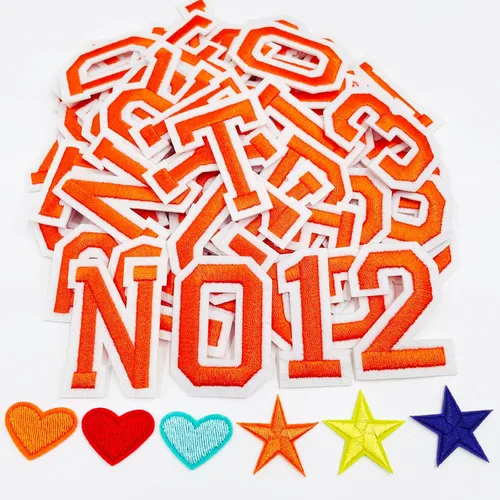 Miniatura 21 de Jongdari Parches para planchar con letras y números para ropa, parches de alfabeto bordado de 2" para chaqueta Letterman A-Z y apliques 0-9 para Rojo