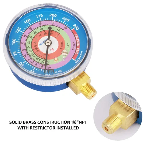 Miniatura 4 de Measureman Medidor de presión de refrigeración, esfera de 2-3/4", esfera azul y esfera roja, montaje inferior NPT de 1/8", 30inHg-0-250psi y kit