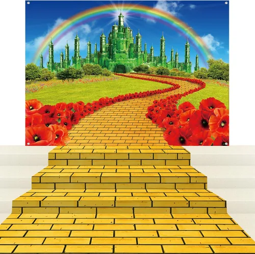 Paquete de 4 Fondos de Camino de Ladrillos Amarillos y Castillo Esmeralda para Decoraciones de Fiesta de Mago, Camino de Piedras de Ladrillo