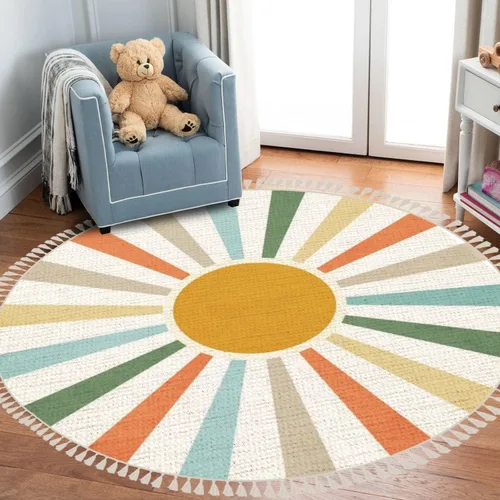 Miniatura 7 de Alfombra redonda bohemia para niños, dibujada a mano sin costuras con arco iris rosa pastel, alfombra de verano para bebé, alfombra de lino