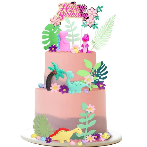 35 piezas de decoración de pastel de dinosaurio con hojas de macaron modelo rosa para niñas, decoración de pastel de dinosaurio para fiesta