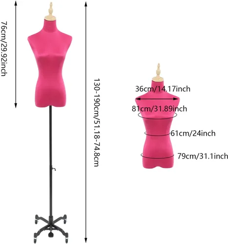 Miniatura 4 de Torso de maniquí de forma de vestido femenino, modelo de cuerpo ajustable de 51 a 75 pulgadas, modelo de exhibición de ropa con ruedas de 360°