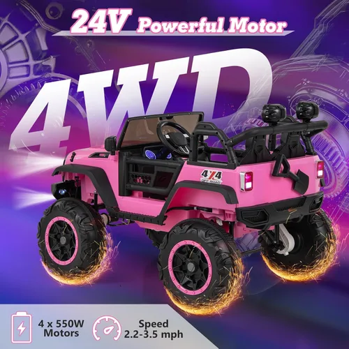 Miniatura 2 de OLAKIDS vehículo de paseo de 24 V, 2WD/4WD conmutable de 2 plazas para niños, vehículo eléctrico tipo Jeep camioneta con asiento ancho de 20", Rosa