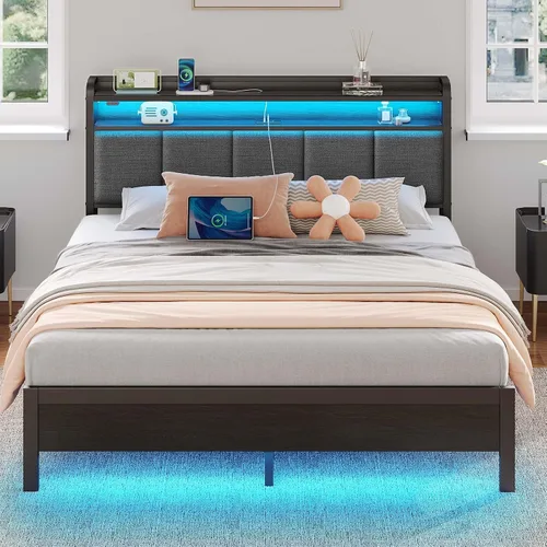 Miniatura 19 de Rolanstar Armazón de cama tamaño completo con estación de carga y luces LED, cabecera tapizada con estantes de almacenamiento, listones de metal